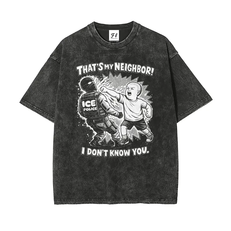 That's My Neighbor Anti ICE Vintage Retro Casual Short-Sleeve Batik Cotton Fabric Oversize Unisex Pre-Shrunk Super Soft T-Shirt - Menswear Streetwear, Back to School Shopping