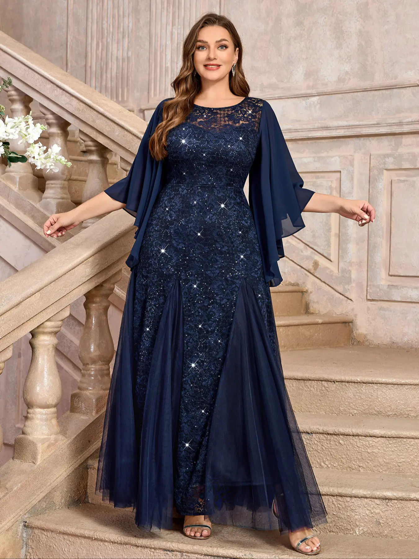 MISSMAY P84132A Plus Size Butterfly Sleeve Chiffon Tulle Floral Sparkly Sequin Lace Contrast Mesh Flowy Mermaid MISSMAY P84132A Plus Size Butterfly Sleeve Chiffon Tulle Floral Sparkly Sequin Lace Contrast Mesh Flowy Mermaid
