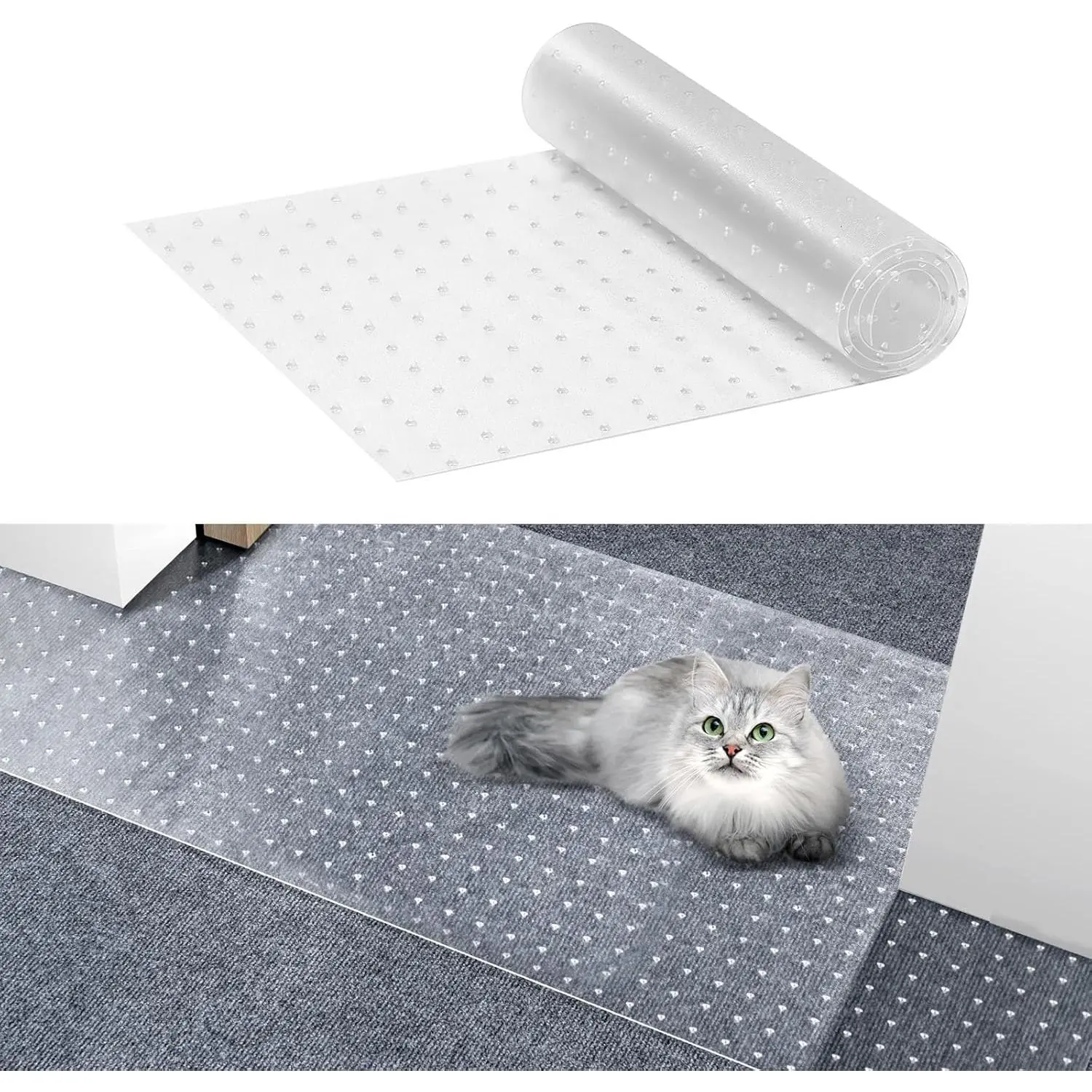 2-Pack Reusable Waterproof Vinyl Plastic Cat Carpet Protector, 15x4 ft (15" x 4') Cut-to-Fit Scratch Stopper with 3D Textured Anti-Slip Studs, Chew Resistant, Easy Installation & Cutting, Transparent New Year's Gift Option