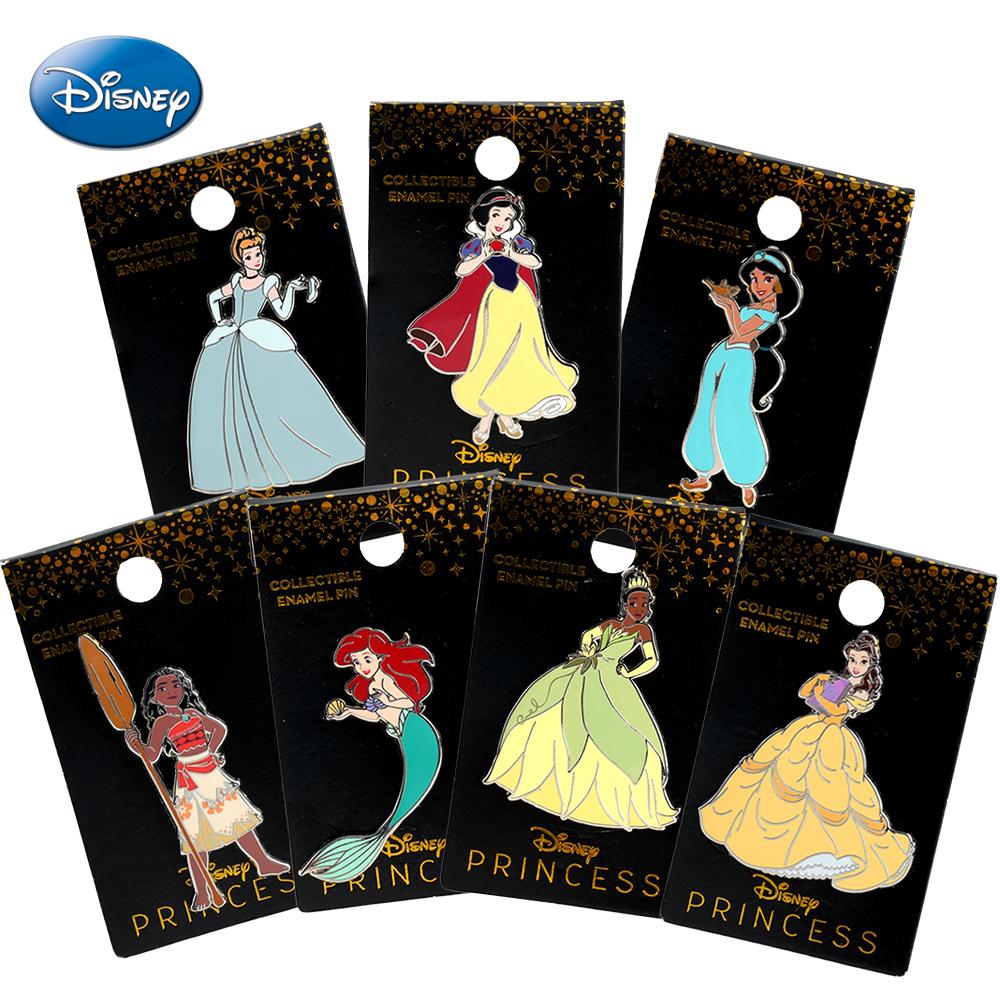 1PC Disney Princess Pin Officially Licensed Gorgeous Gown Dress Gold-foil Belle Jasmine Ariel Snow White Tiana Cinderella Moana Anime Brooch Backpack Decoration Jacket Lapel Anti-Rust Exquisite Alloy Enamel Gift