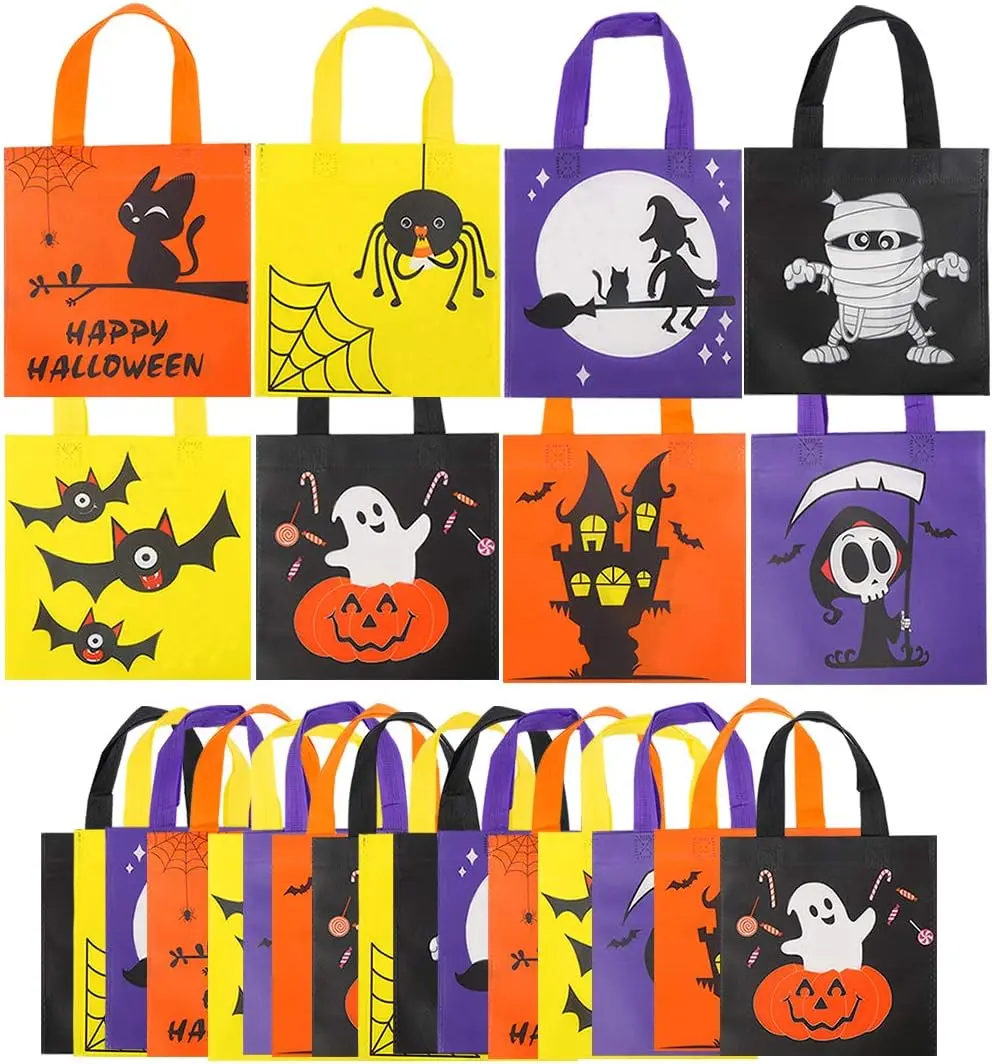 24pcs Non-Woven Treat Bags 8 Cute Halloween Pattern Totes Party Bags with Handles for Kids' Halloween Trick or Treat Party Favor Supply