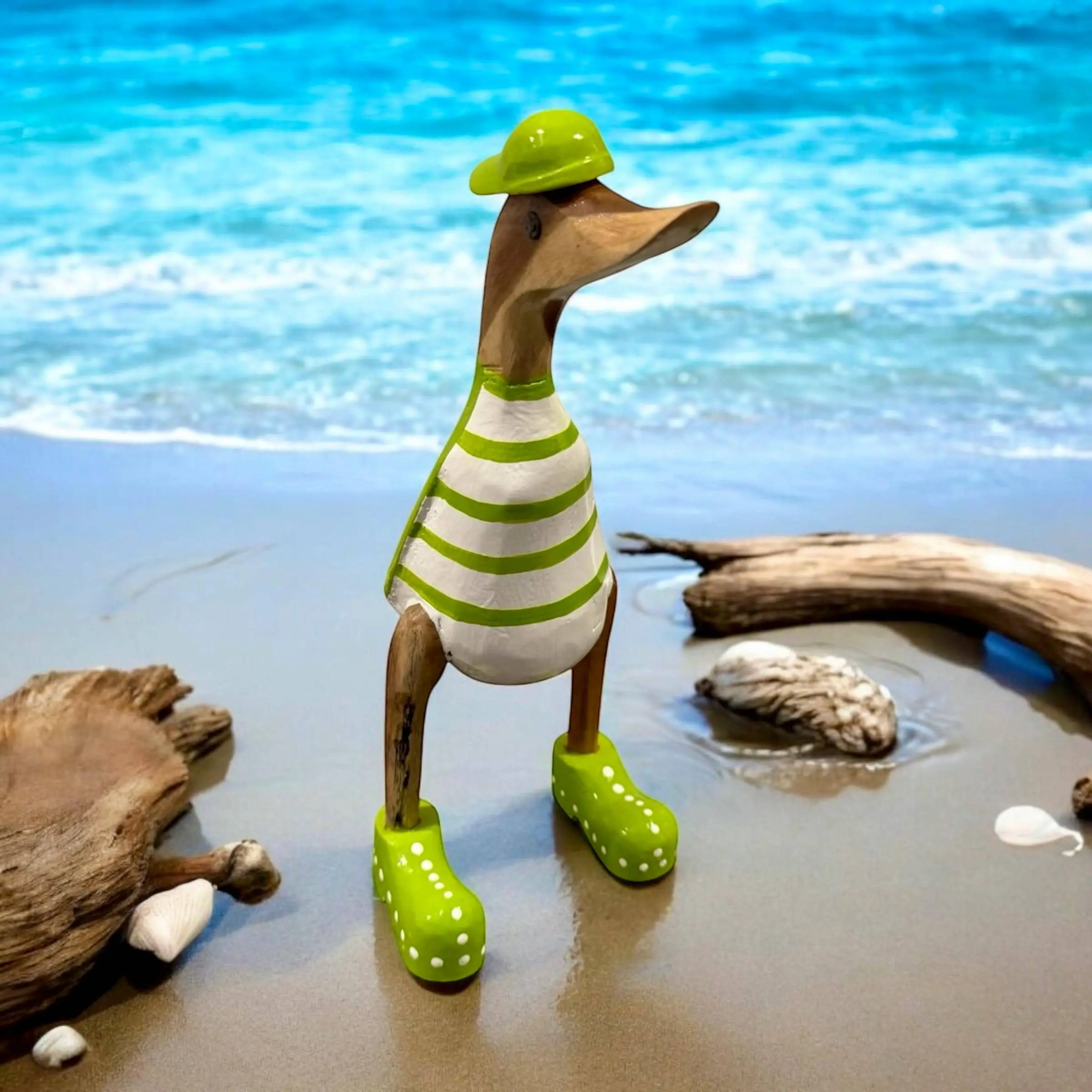 Hand Carved Bamboo Root Runner Duck Figurine in Bathing Suit Bikini - Quirky Whimsical Wooden Duck Statue Animal Sculpture Patio Garden Home Office Decor Accent Gift
