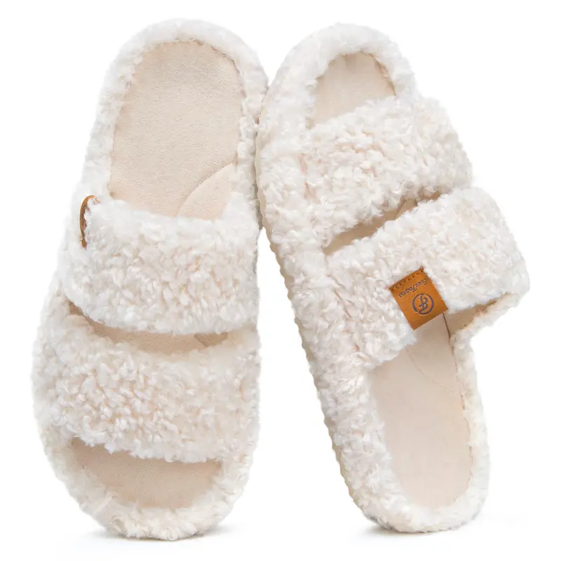 EverFoams Women's Fuzzy Open-Toe Slippers – Stylish Classic Slides with Soft Memory Foam, Non-Slip Rubber Sole, Perfect Cozy Footwear,Girl Fur Flipflop Walking Shoes Fluffy Modern Sleeper Slip On Clog