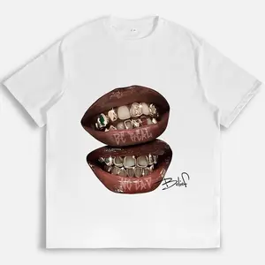 Grillz Lips Graphic Oversized Streetwear Tee Mens Short Sleeve Crewneck Cotton Shirt Vintage Y2K Hip Hop Rap Style Summer Fit
