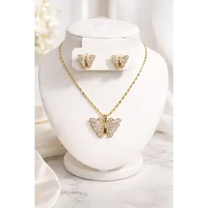XP Gold Plated CZ Butterfly Necklace & Earring Set – 2PC Matching Set