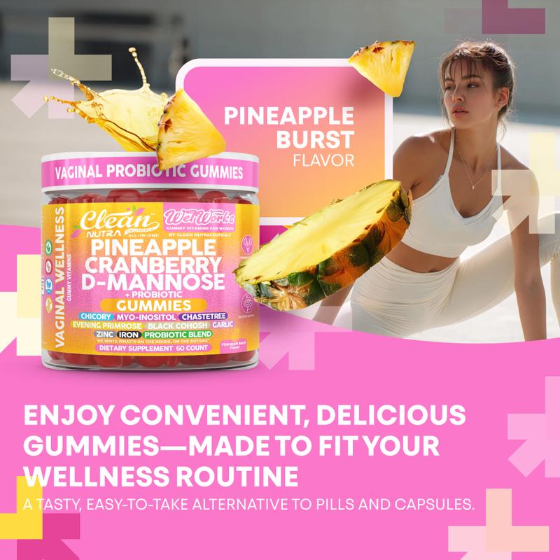 Clean Nutra Pineapple, Cranberry, D-Mannose, Chicory, Myo-Inositol, Chaste Tree & More for Women's Probiotic & Feminine Wellness Support Gummies – WetWorks