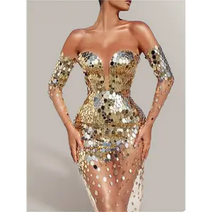 Women's Elegant Sequin Off-Shoulder Heart Collar Slim-Fit Polyester Mini Dress - Lady's Formal & Casual Women's Clothes, Short Sleeves, Structured Pencil Skirt, Machine Washable, for 2025 New Year's Eve & Formal Occasions