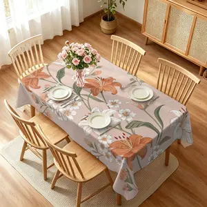 1pc Soft Pink Floral Tablecloth with Lily & Wildflower Print, Watercolor Art Style, Stain-Resistant Polyester Table Cover for Indoor Dining, Bridal Shower & Romantic Home Decor