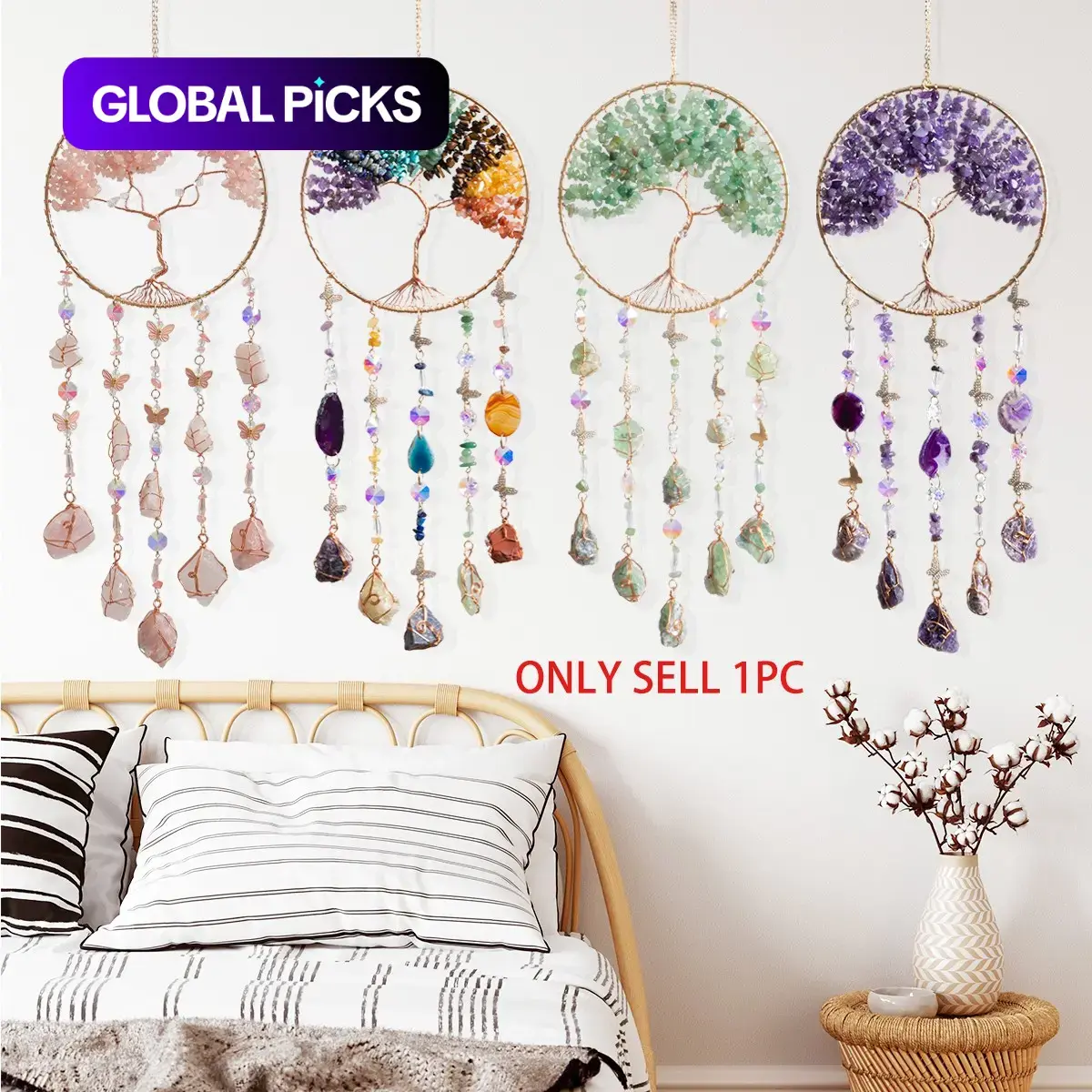 Bohemian Tree of Life Dream Catcher, Crystal Sun Catcher & Stone Wind Chime, Hangable Irregular Tree Shape, Home Living Room and Window Garden Hanging Decoration, Wall Art Ornament, Birthday Housewarming Gift #GLOBAL PICKS