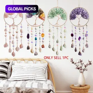 Bohemian Tree of Life Dream Catcher, Crystal Sun Catcher and Stone Wind Chime, Irregular Tree Shape, Home Living Room Room Window Garden Hanging Decoration, Birthday, Housewarming Gift