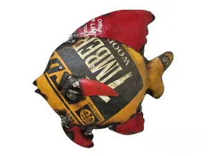 Red & Yellow Angelfish Statue, 13" Long, Repurposed Recycled Scrap Metal Decor Tail Ornaments
