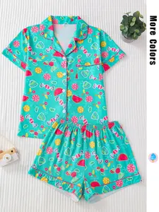 Women's 2-Piece Pajama Set, Candy Fruit All-Over Print, Fitted Short Sleeve Top, Loose Comfortable Shorts, Casual Sleepwear