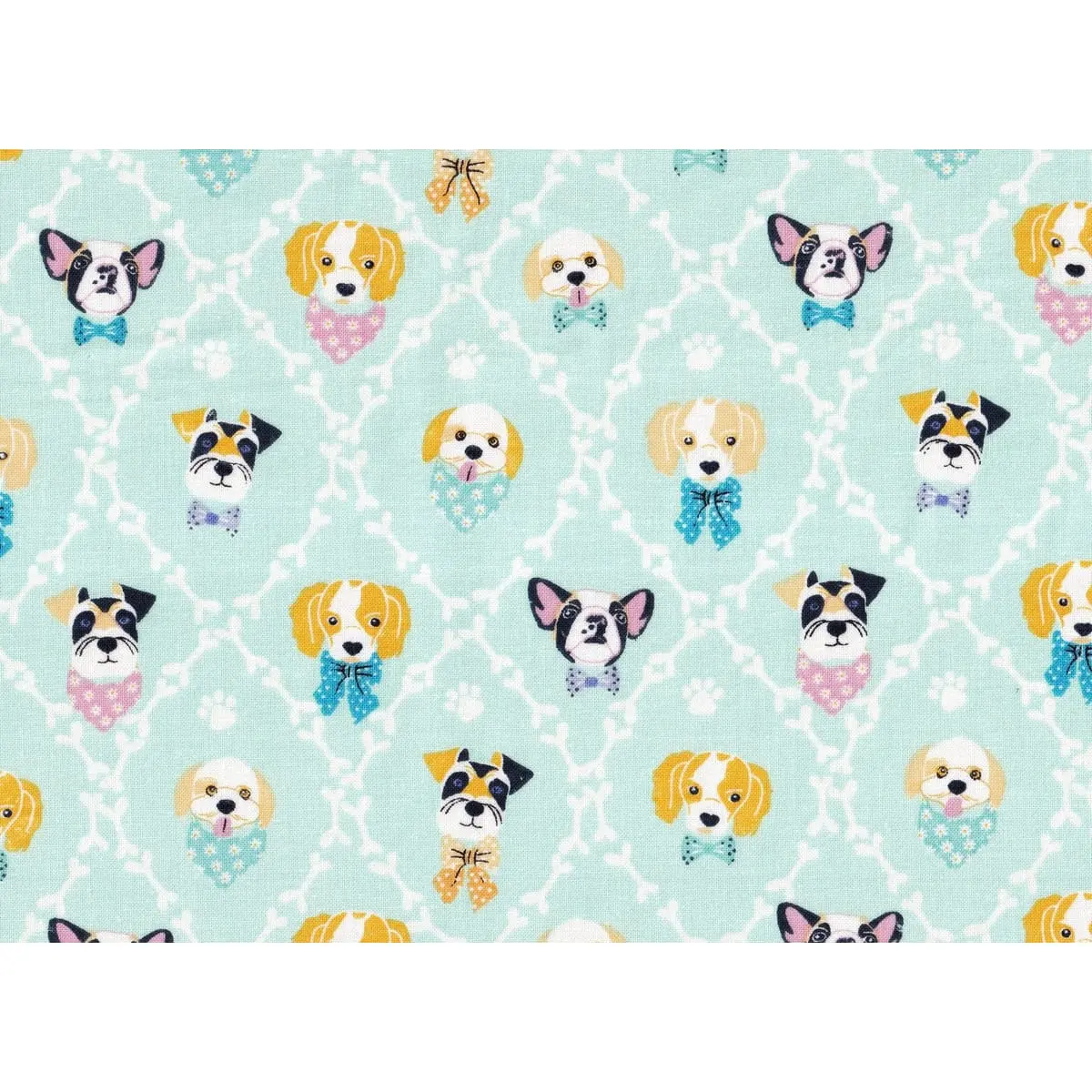 Cute Dog Fabric on Sage Mint | Dogs, Bones & Paw Prints | 100% Cotton Quilting Fabric | 1/2 Yard