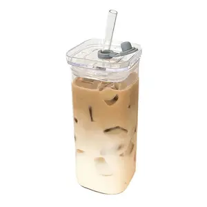 Square Glass Coffee Cup with Lid and Straw - Heat-Resistant Durable Transparent Mug, 1 Piece Home Bar Drinkware for Milk Tea, Juice, Iced Coffee