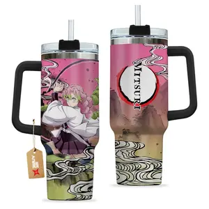 STORMMECH- Mitsuri 40oz Handle Tumbler – KNY Stainless Steel Travel Mug, Anime Inspired Vacuum Insulated Cup, Large Iced Coffee Tumbler, Manga Fighter Drinkware, Otaku Gift for Him Her