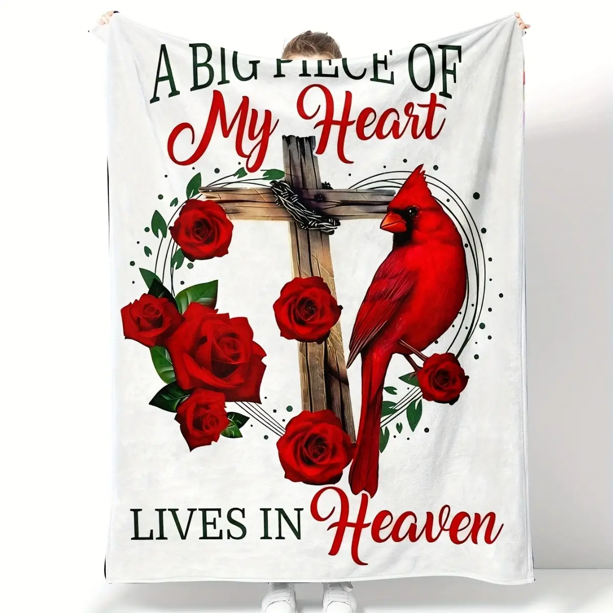 Red Cardinal Bird & Roses Ultra-Soft Polyester Flannel Blanket - Contemporary Reversible Quilted Throw, Machine Washable, All Seasons, Digital Print, Multi-Size, Indoor Use, Multipurpose Comfort Gift