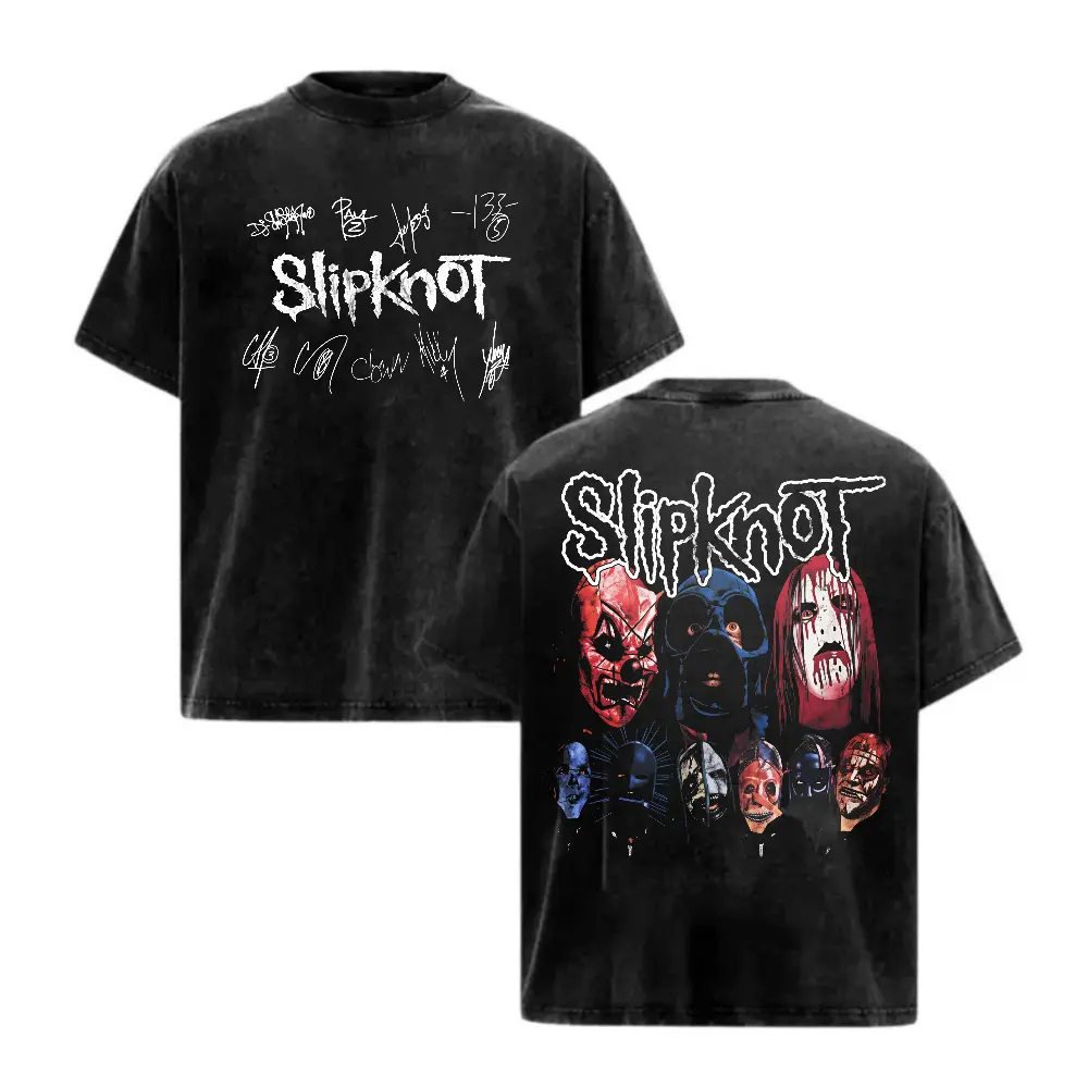 Black Washed Slipknot Heavy Metal Mask & Signature Printed Men's T-shirt, Oversized Crew Neck Pure Cotton Short Sleeve, Casual Streetwear Top for Daily Outfits of Rock Fans