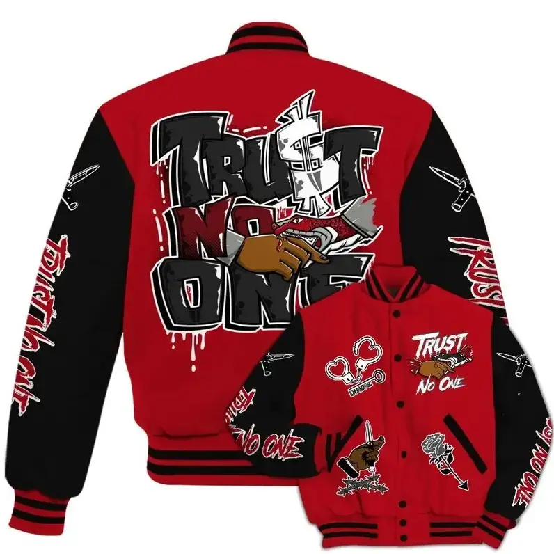 Bred Velvet 11s - Trust No One Dripping All Over Print Varsity Jacket Outfit, Unisex Varsity Baseball Jacket, Classic Sport Street Style Jacket