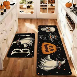 Set of 2 Halloween Kitchen Mats, Bat Broom Ghost Design, Non-Slip Low Height, Party Floor Mat Home Kitchen Decoration