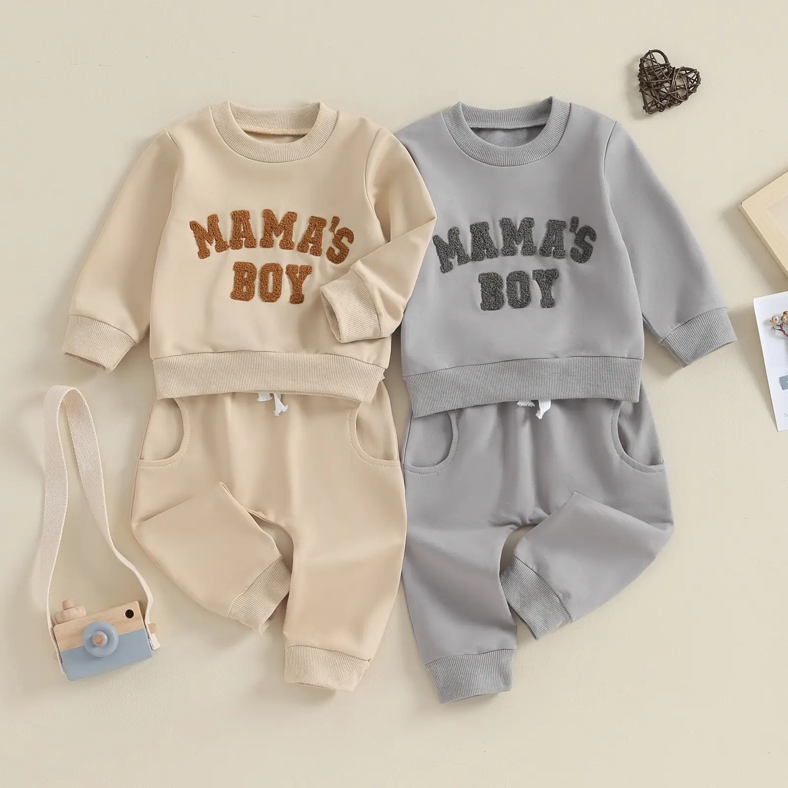 Toddler Baby Boy Fall Winter Outfits Mamas Boy Sweatsuit Letter Embroidery Sweatshirt And Pants Set 2 Piece Clothing