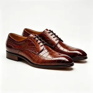 Men's Brown Crocodile Pattern XG Pointed Toe Lace Up Dress Shoes Oxford Leather