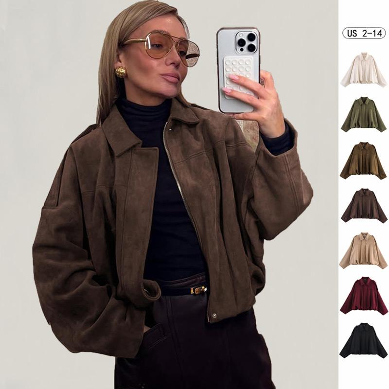 Women's Casual Army Green Jacket with Lapel Design Batwing Sleeves Button Front Lightweight Fashionable for Spring Autumn Winter All Match Tops Coats Womenswear Outerwear Fitted Basic Collared Minimalist length sleeve Dark Brown