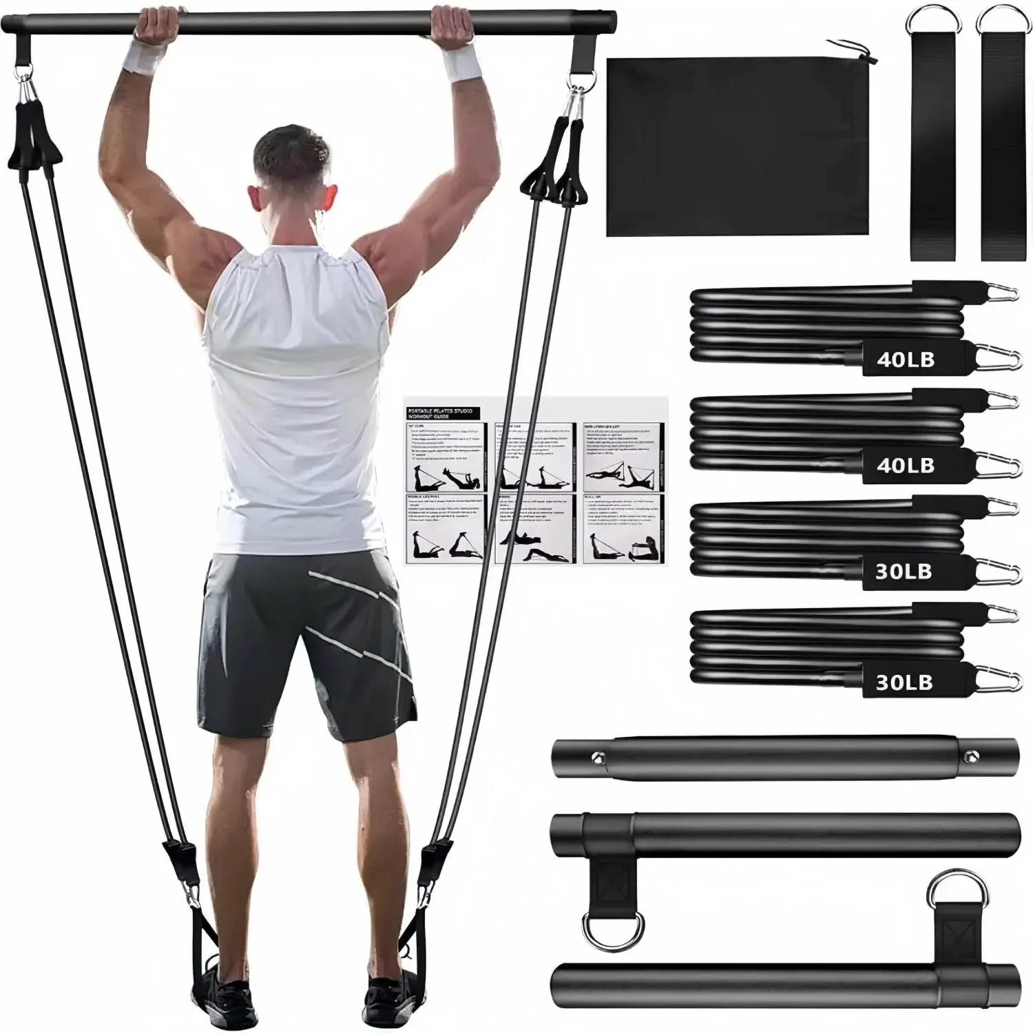 Portable Yoga Pilates Bar Stick with Resistance Band Home Gym Muscle Toning Bar Fitness Stretching Sports Body Workout Exercise