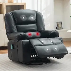 Memory Foam Power Swivel Recliner Chair, 360° Rocker with Massage & Heat, Chenille Living Room Nursery Chair Sofa, Cup Holders