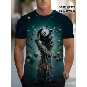 Men'S 3D Billiards Graphic T-Shirt - Cool 8-Ball Design with Floating Cue Ball, Dynamic Print, Comfortable Short Sleeve Tee for Pool Enthusiasts, for Casual Wear and Gift Ideas, Billiards T Shirt