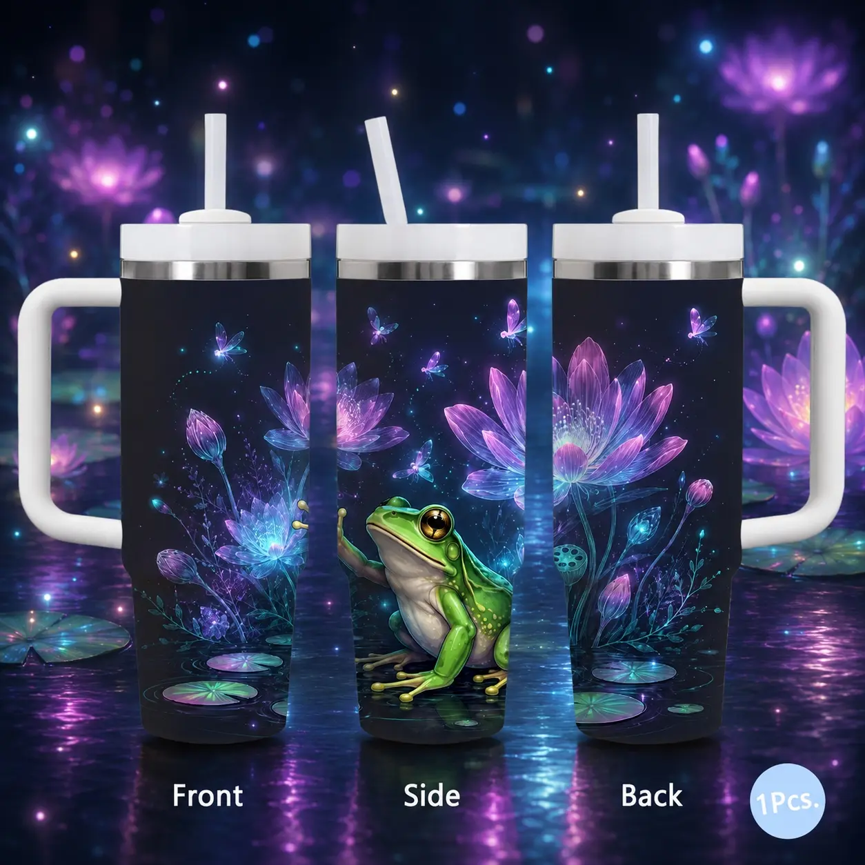 Magical Watercolor Frog Vacuum Flasks 40oz Stainless Steel Vacuum Insulated Tumbler with Handle & Straw | Long-Lasting Cold & Heat Retention, Leak-Resistant | For Iced Coffee, Water, Office, Gym & Travel