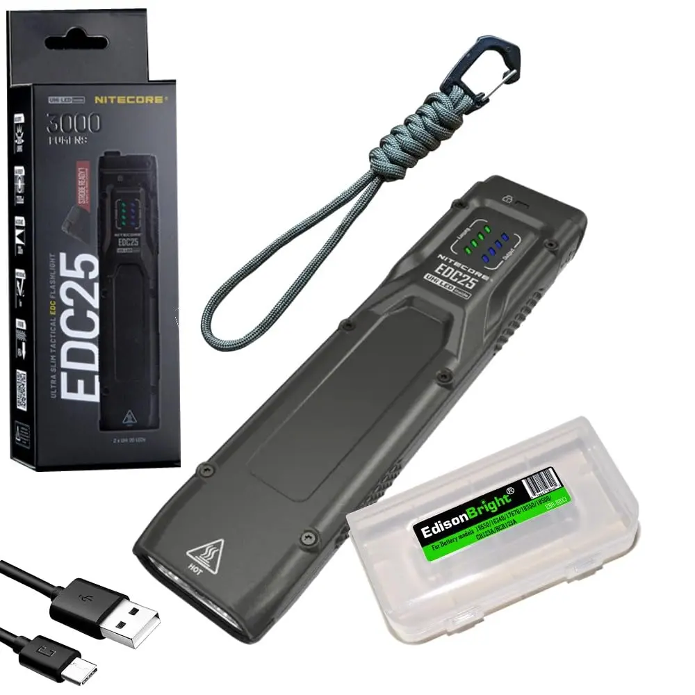 Nitecore EDC25 3000 Lumen Flat EDC Flashlight, USB-C Rechargeable Dual Beam Slim Compact Powerful Duty Light w/EdisonBright Accessory case Bundle