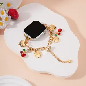 Women's Metal Chain Apple Watch Band, Heart Cherry Charm Bracelet Strap for Iwatch 38-49mm, Perfect Gift for Birthday & Valentine's Day