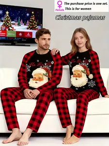 Couple Christmas set black & red checkered striped long-sleeved pajamas, Santa Claus & reindeer prints, loose-fitting all-season comfortable home wear, men's and women's styles, creative holiday gifts, Christmas pajamas, holiday pajamas