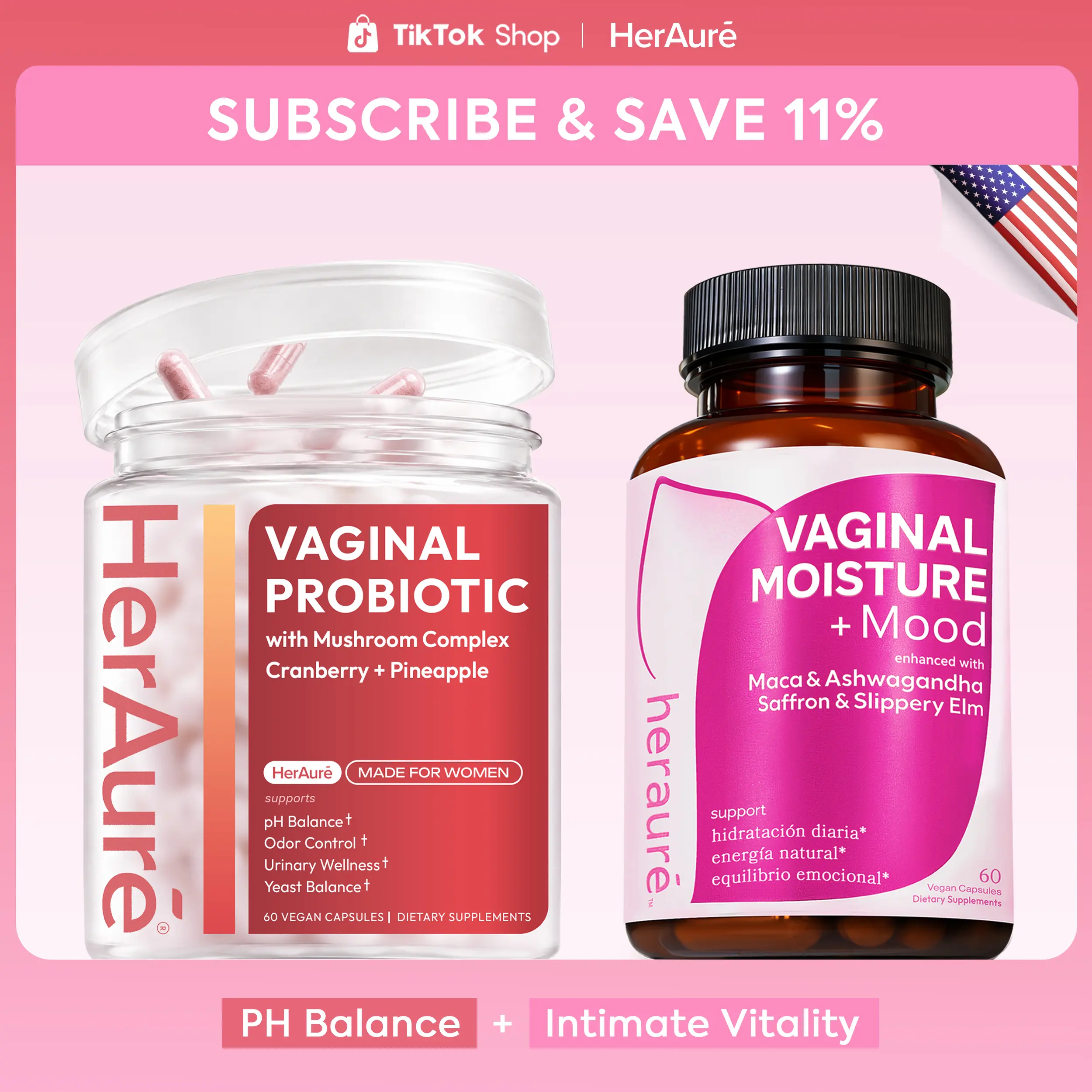 HerAuré Balanced & Moist Bundle - pH Balance, Odor Control, Stress Relief, Energy, Relaxation, Flora Health - 7B CFU Probiotic, 7-in-1 Mushroom Blend, Prebiotic, Ashwagandha, Saffron, Maca, Slippery Elm, Sea Moss, beach essentials, Deals For You Days summ