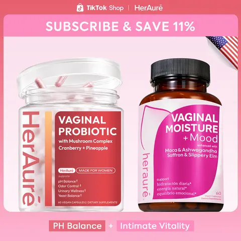 HerAuré Balanced & Moist Bundle - pH Balance, Odor Control, Stress Relief, Energy, Relaxation, Flora Health - 7B CFU Probiotic, 7-in-1 Mushroom Blend, Prebiotic, Ashwagandha, Saffron, Maca, Slippery Elm, Sea Moss, beach essentials, Deals For You Days summ