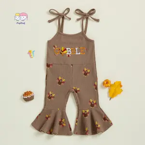 Baby Girls Thanksgiving Overalls Romper Turkey Pattern Tie up Straps Sleeveless Jumpsuit Suspender Pants