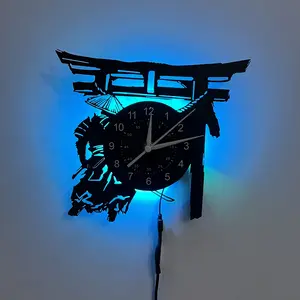 Vintage Vinyl Record Wall Clock, Samurai Theme Art Decor, Suitable for Living Room Bedroom, Home Office Cafe Bakery Restaurant Kitchen, Led Wall Clocks