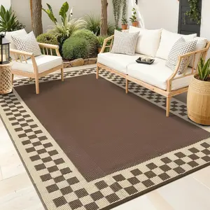 Checkered Border Outdoor Rug, Waterproof Camping Rugs for Outside Your RV, Foldable Lightweight Plastic Straw Rug with Portable Bag, Reversible Mats for Picnic Backyard Deck Porch