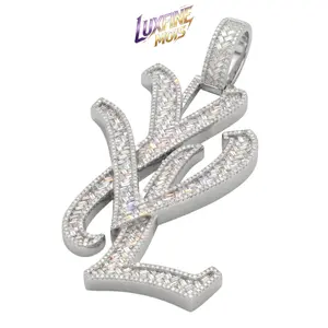 LUXFINE MOIS Iced Out Baguette Moissanite YVL Letter Pendant, White Gold Plated Full Paved Hip Hop Custom Initial Necklace Pendant, Pass Diamond Tester for Men Women