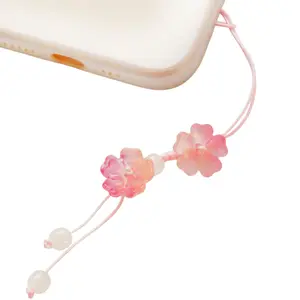 Handmade Cute Pink Cherry Blossom Beads Phone Lanyard, Kawaii Braided Flower Mobile Phone Lanyard, Cute Glass Bead Charm, Key Chain, Bag Charm