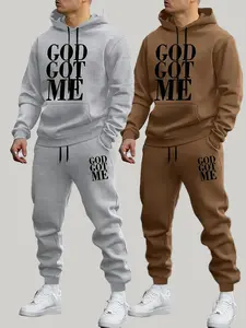 Set of 2 - Casual Hoodie & Sweatpants Set - Fleece Lining, Long Sleeves, Printed Design | Machine washable