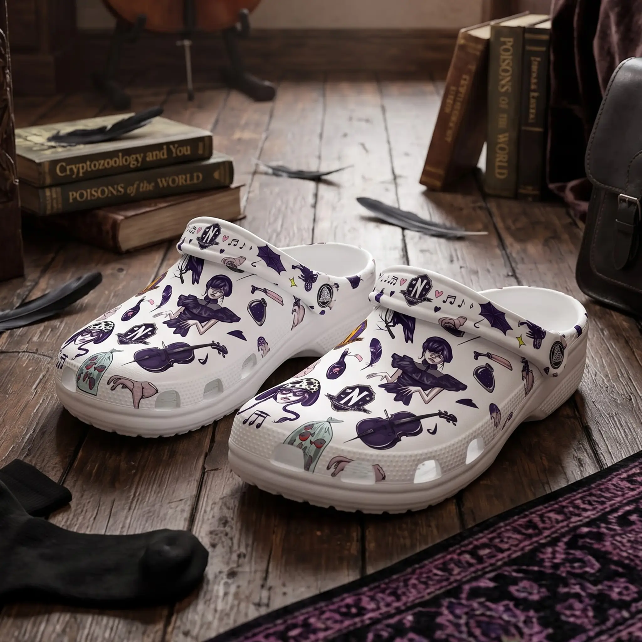 Gothic Wednesday Addams Clogs | Unisex Casual Lightweight Water Shoes | Spooky Slip-On Shoes | Halloween Gift for Fans