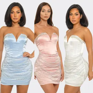 Princess Pearl Glam Mini Dress | Satin Rhinestone Bodycon Dress | La Belle Gina Boutique