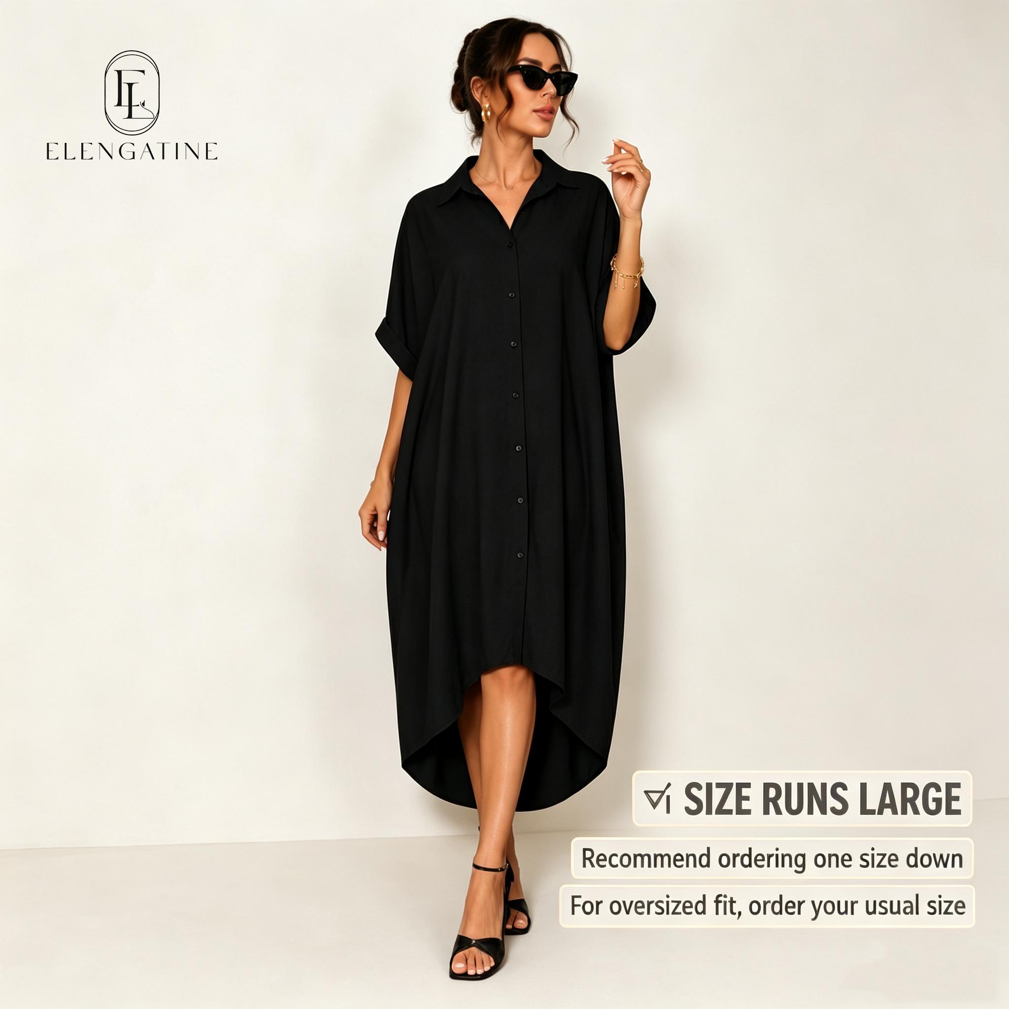 Elengatine Women Sexy Black Shirt Dress, Classic Turn Down Collar Button Up Dress, Short Sleeve Midi Dress with Curved Split Hem, Chic Baddie Aesthetic Streetwear, Casual Loose Flowy A Line Summer Sundress Elegant Polyester