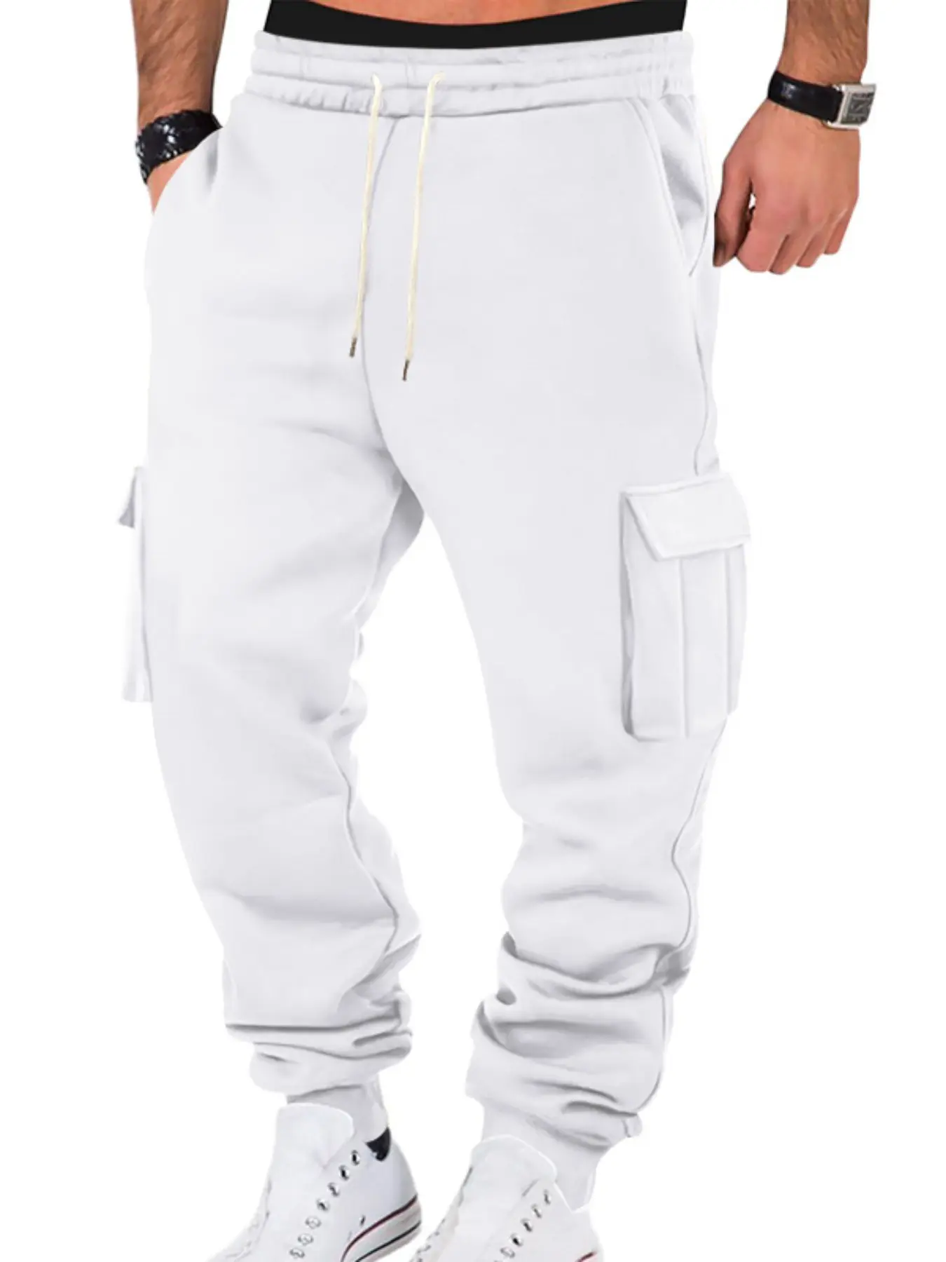 Men's Fall Winter Thick Fleece Plain Pants, Comfortable Knit Fabric Multi-Pocket Drawstring Athletic Joggers, Versatile Warm Casual Wear, Multiple Colors Available, Casual Sports Trousers, Sports Jogging Pants