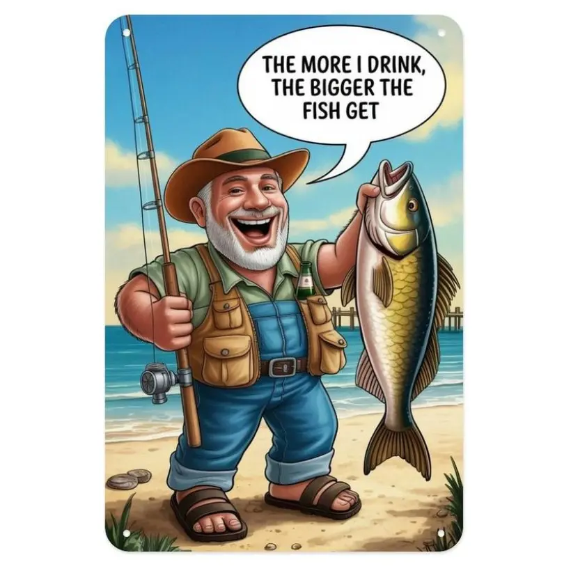 Fishing Tin Sign, Vintage Funny Fisherman Beer Metal Sign Print Room Funky Western Decor, Vintage Plaque Decoration