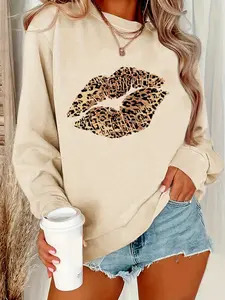 Women's Fashion Leopard Print Lip Graphic Cute Sweatshirt, Soft Round Neck Pullover, Casual Loose Fit, All Seasons Wear