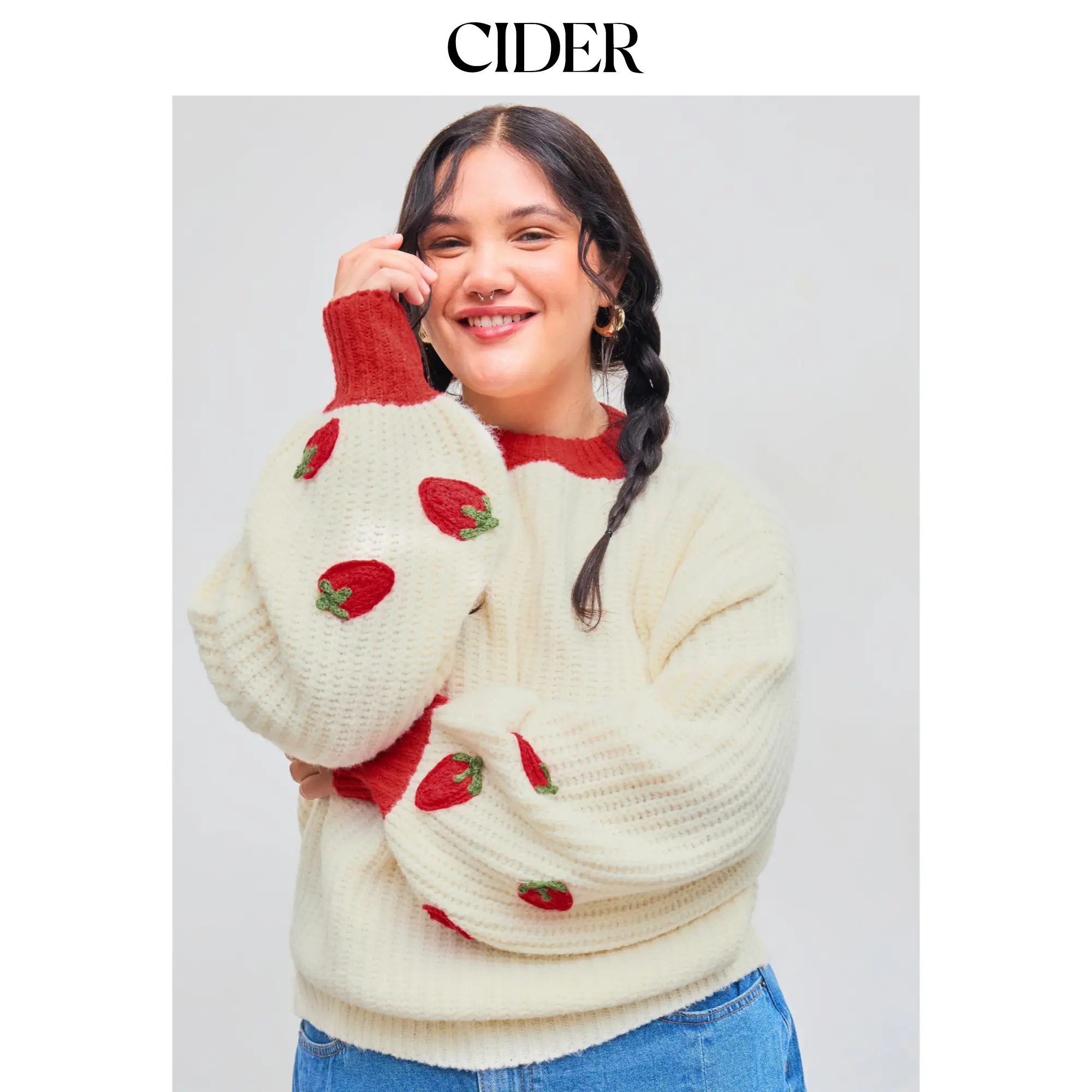 Cider [2 colors, size 2-24] Knit Round Neckline Strawberry Contrasting Binding Sweater Curve & Plus, Knitwear, Tops, Casual, Women