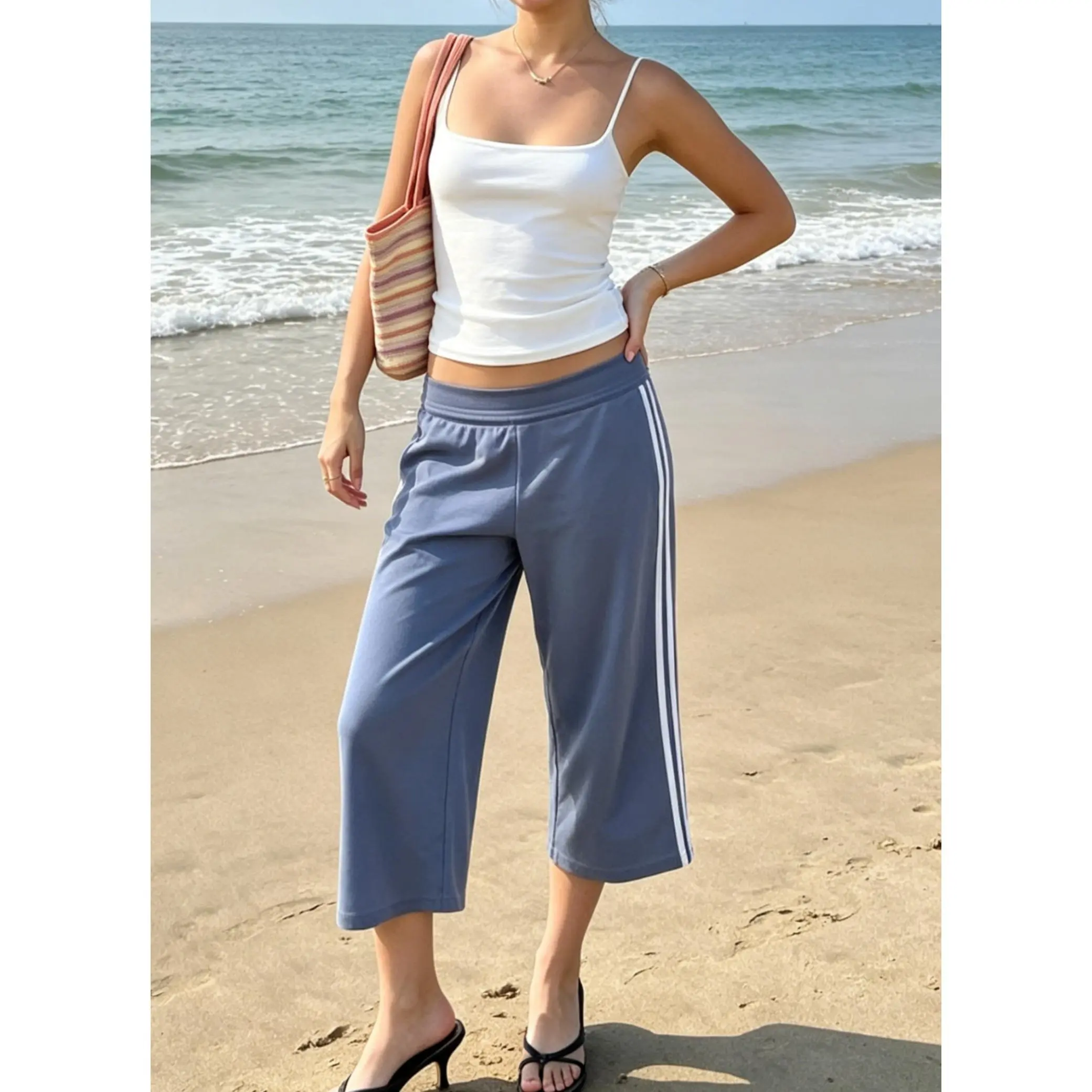 Women's High Waist Side Stripe Wide Leg Capri Pants Loose Fit Cropped Sweatpants Casual 3/4 Length Stretchy Trousers for Summer