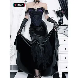 Women’s mermaid skirt with floral embroidery and contrast lace, punk-style long skirt with flower decor for parties and holidays, ladies’ fall and winter clothing